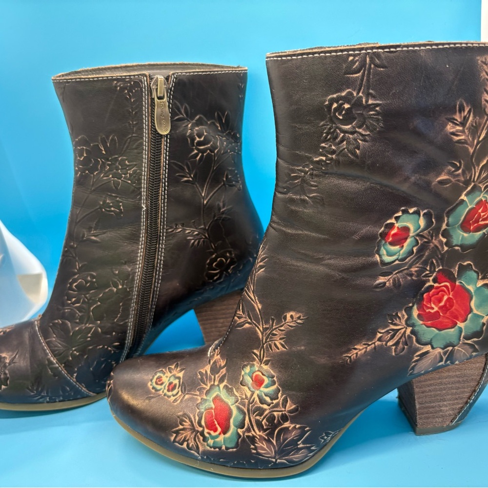 Embroidered Floral Dark Brown Ankle Boots - Picture 2 of 5